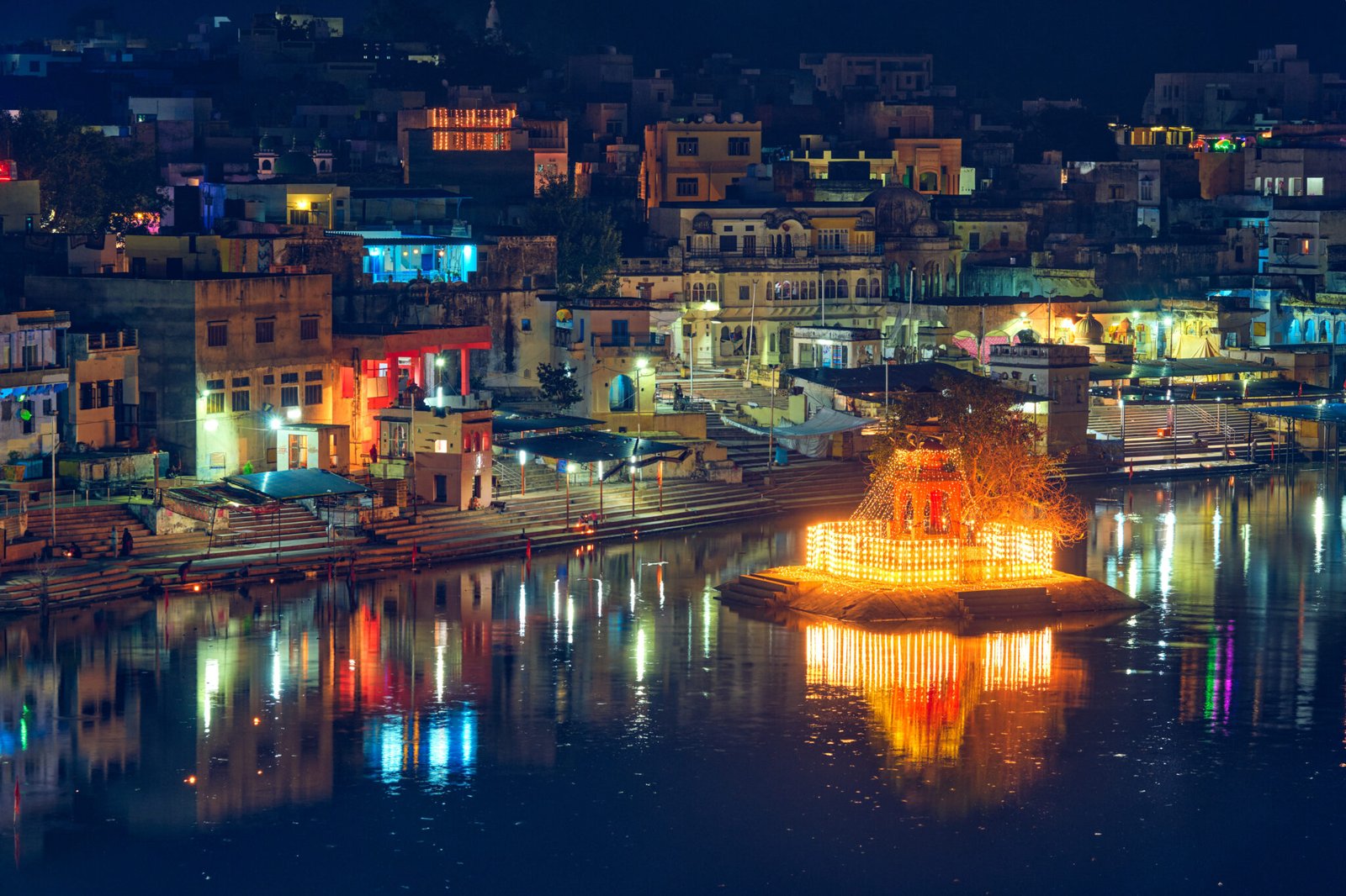 religious city Pushkar with Brahma temple, aarti ceremony, lake and ghats illuminated at sunset. Rajasthan, India.