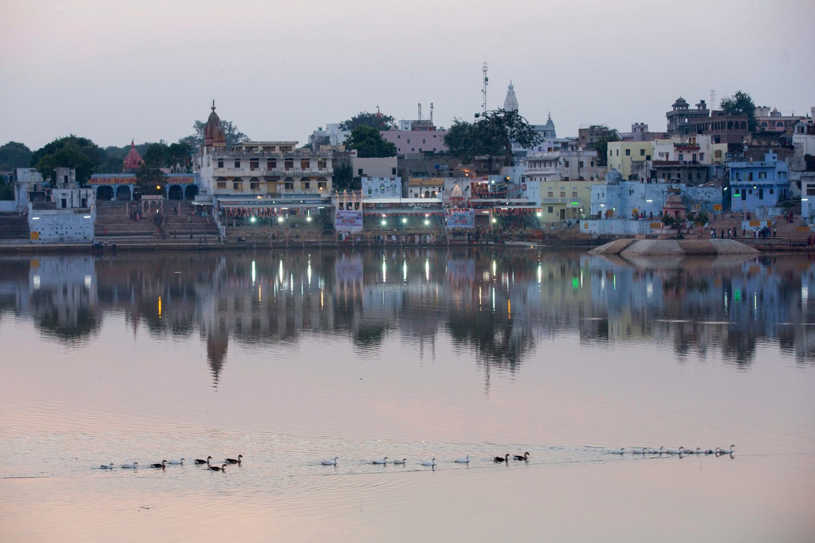 View of waterfront buildings on Pushkar Lake at dusk, Rajasthan, India