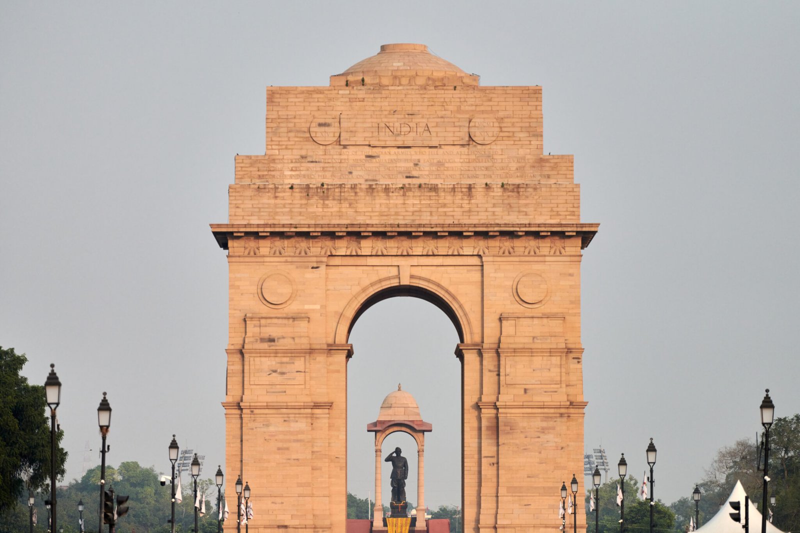 India Gate landmark war memorial in New Delhi near Kartavya path, All India War Memorial to indian army soldiers who died in First World War, beautiful landmark made from red sandstone